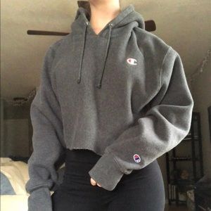 Grey Reverse Weave Crop Hoodie